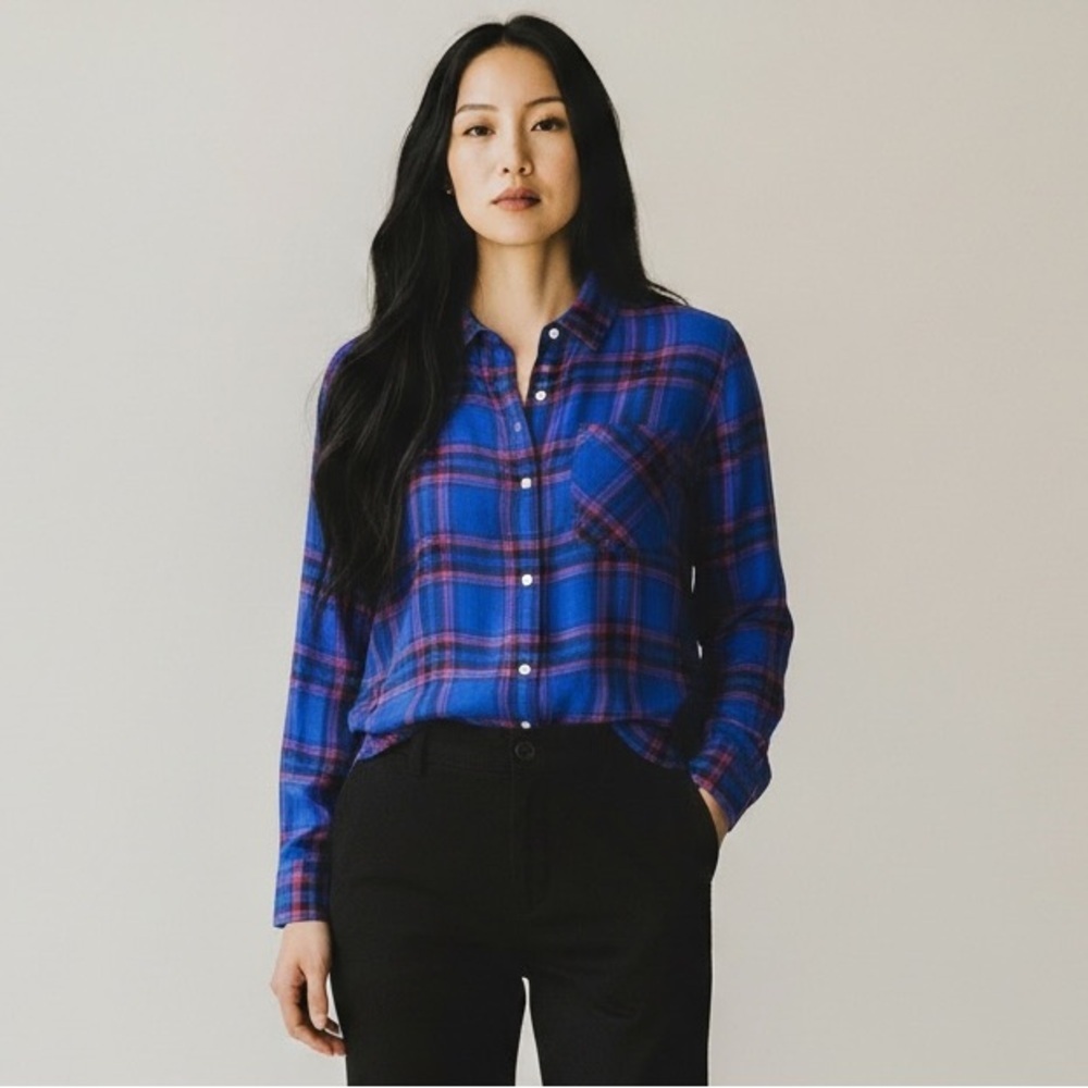 Banana Republic Dillon Classic Fit Blue Plaid Flannel Shirt Size L